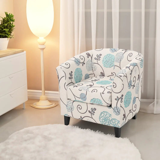 Plaza Club Chair white fabric with teal blue floral print and dark legs VIP Digital Presence on Tampa Home & Garden Store