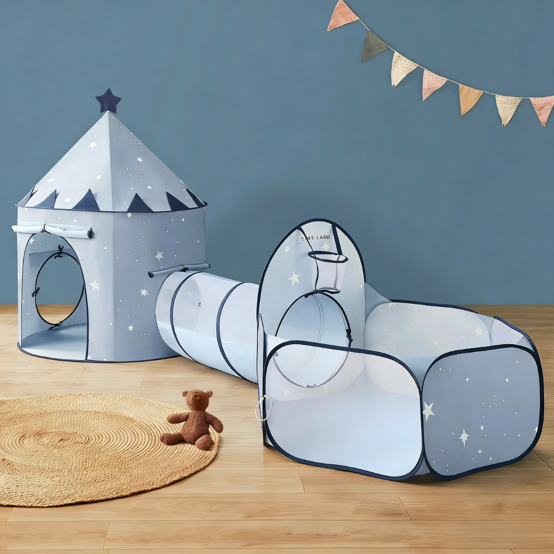 Tiny Land Compact Adventure 3in1 Play Tunnel blue castle tent with star decals on Tampa Home & Garden Store