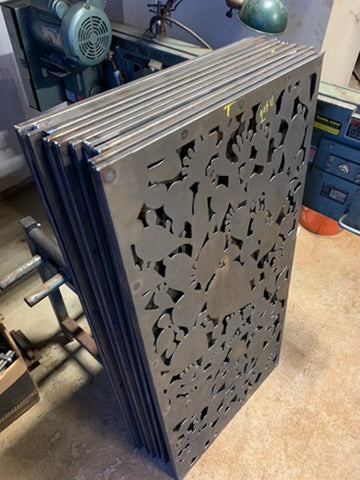 Outdoor metal deck privacy screen panels in dark steel with laser-cut floral design Rustica on Tampa Home & Garden Store