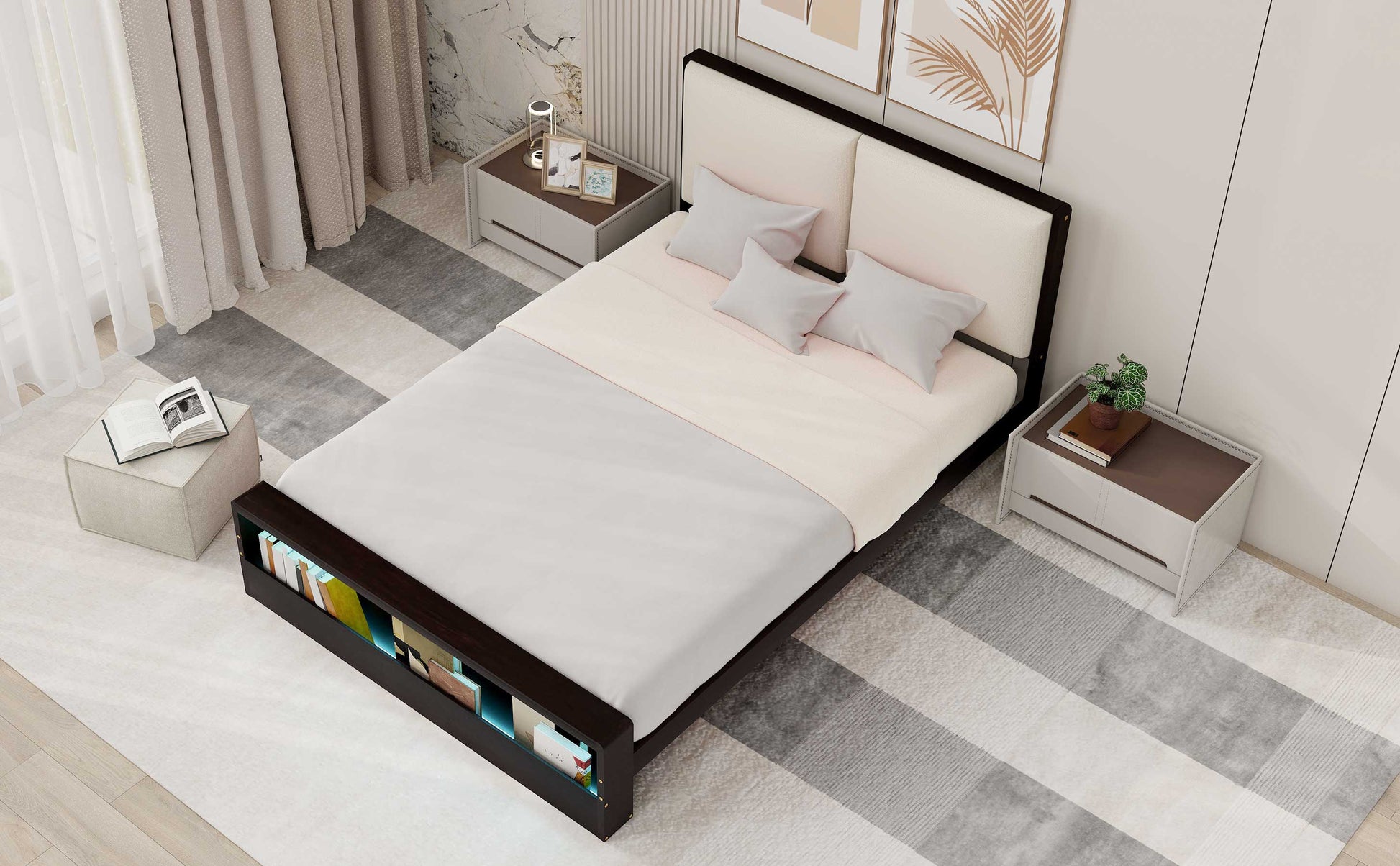 Queen Size Platform Bed Frame with Upholstery Headboard and Bookshelf in Footboard and LED Light Strips, Espresso - Tampa Home & Garden Store