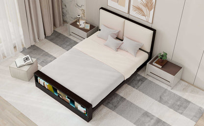 Queen Size Platform Bed Frame with Upholstery Headboard and Bookshelf in Footboard and LED Light Strips, Espresso - Tampa Home & Garden Store