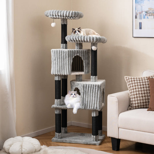 62 Inch Tall Cat Tower with Scratching Posts and Soft Flannel Covering-Light Gray - Tampa Home & Garden Store