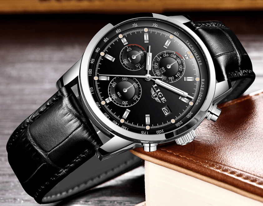 Stevvex men's waterproof chronograph watch with black dial and leather strap on Tampa Home & Garden Store