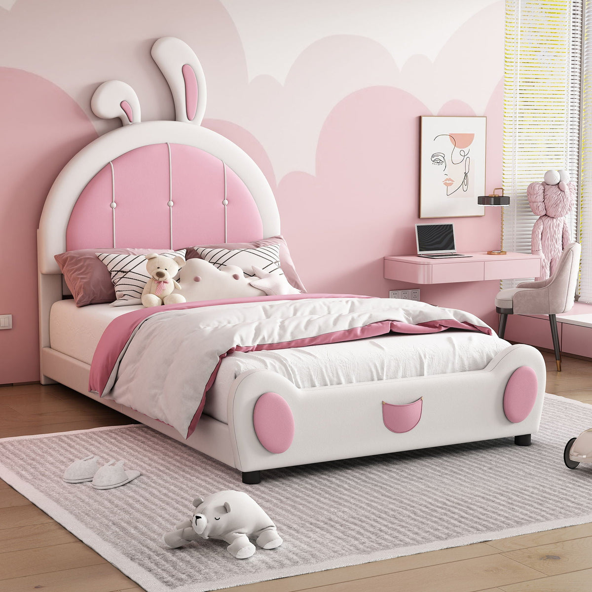 Upholstered platform bed by HouseOfZazla with a rabbit-shaped headboard in pink and white on Tampa Home & Garden Store