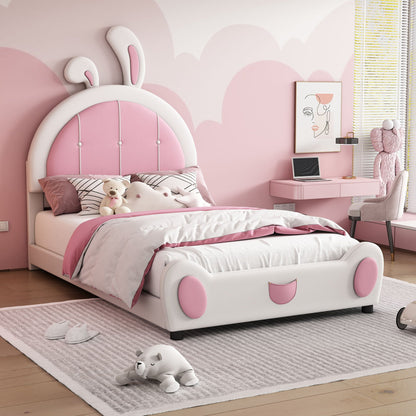 Upholstered platform bed by HouseOfZazla with a rabbit-shaped headboard in pink and white on Tampa Home & Garden Store