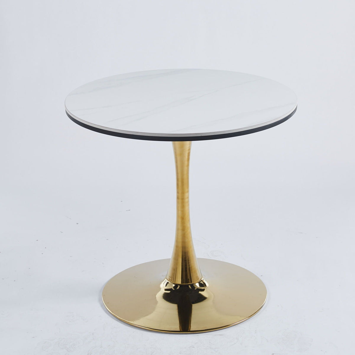 Gold Tulip Mid-Century Dining Table with white marble top and brass round pedestal base on Tampa Home & Garden Store