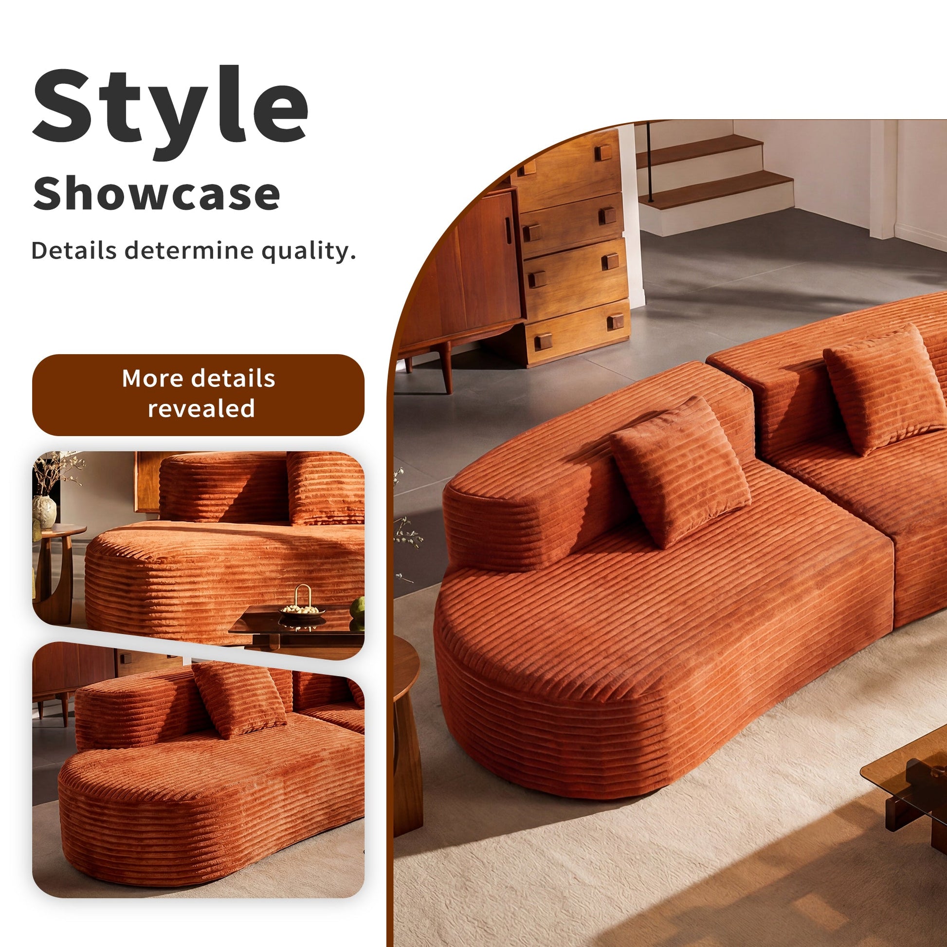 108.6-Inch curved combination sofa in burnt orange ribbed fabric, HouseOfZazla sectional with cloud pattern on Tampa Home & Garden Store