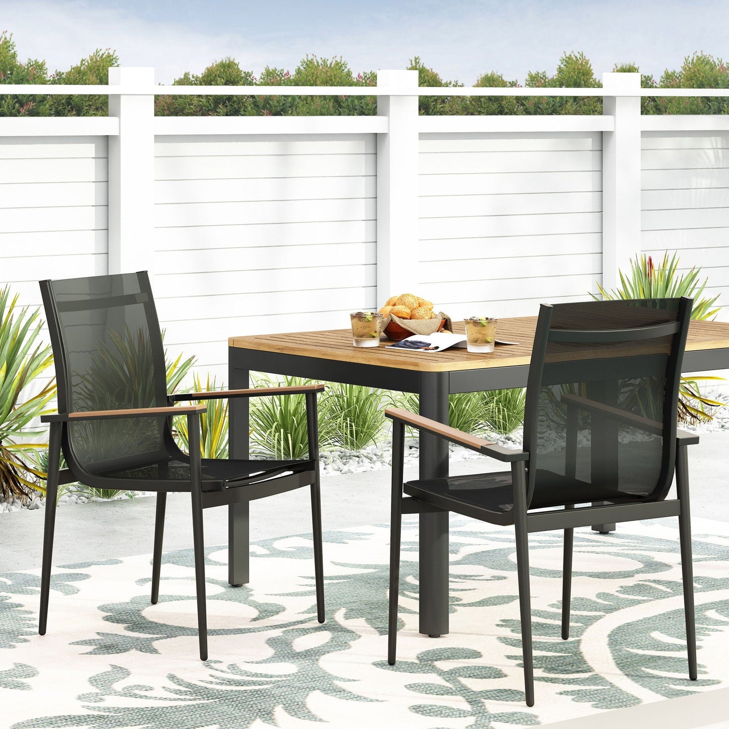 Barrister dining chairs set of 2, black metal frame with natural wood seats for outdoor dining on Tampa Home & Garden Store