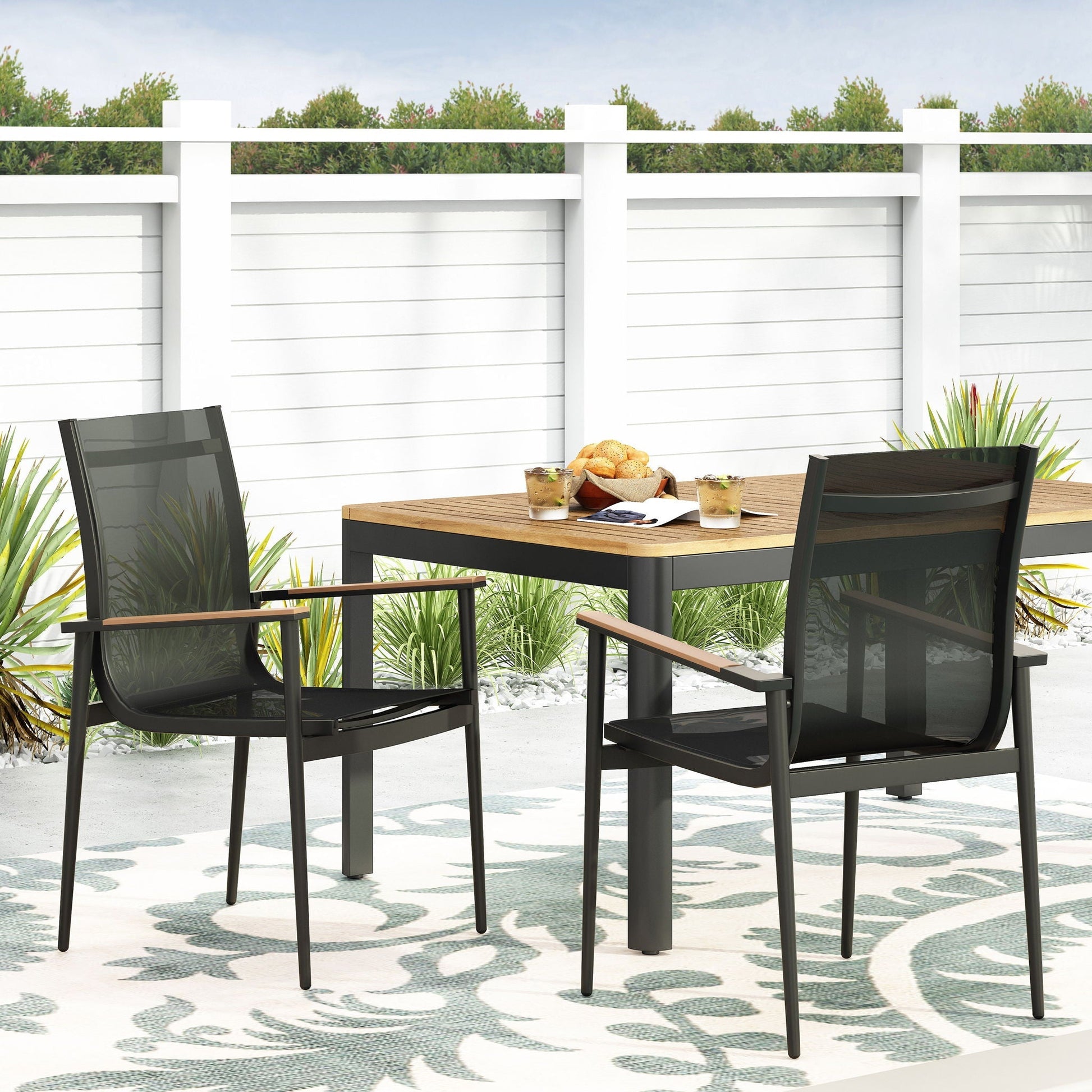 Barrister dining chairs set of 2, black metal frame with natural wood seats for outdoor dining on Tampa Home & Garden Store