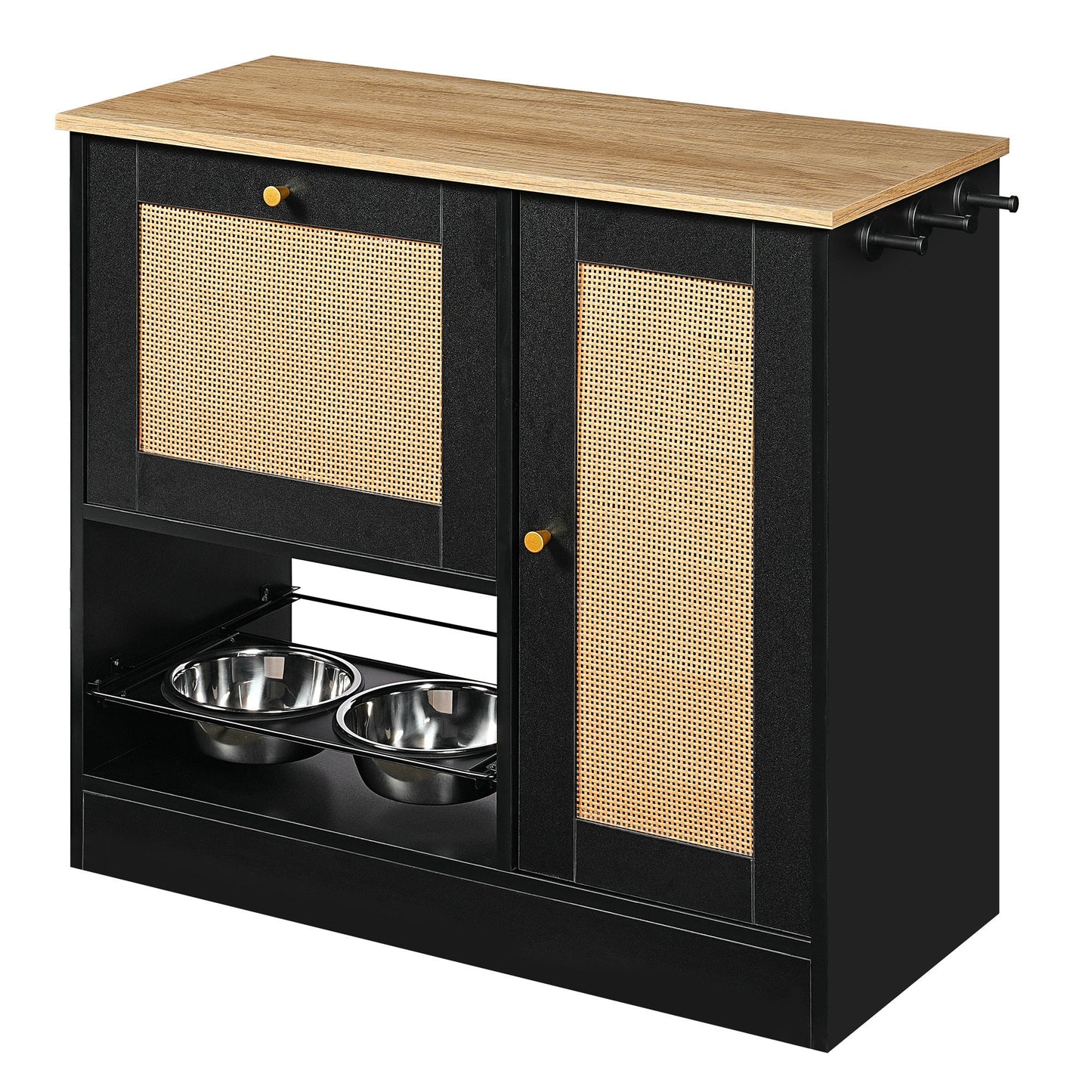 Feeding station with 2 lockers and elevated bowls in black wood-top pet furniture on Tampa Home & Garden Store