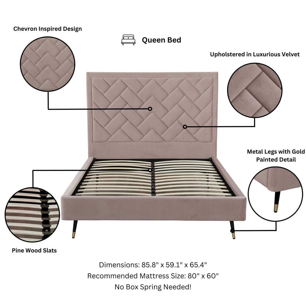 Crosby bed with upholstered chevron headboard in blush velvet and slats by HouseOfZazla on Tampa Home & Garden Store