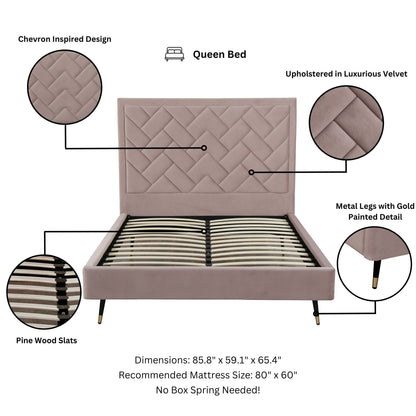 Crosby bed with upholstered chevron headboard in blush velvet and slats by HouseOfZazla on Tampa Home & Garden Store