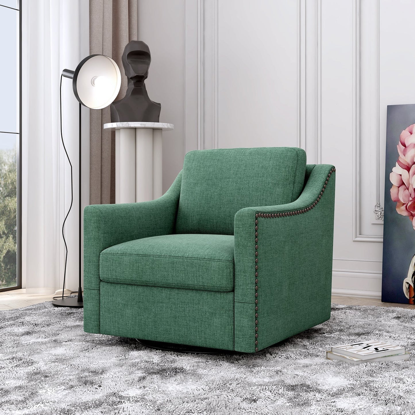 360 Degree Swivel Armchair in emerald green cotton-linen fabric with brass nailhead detailing on Tampa Home & Garden Store
