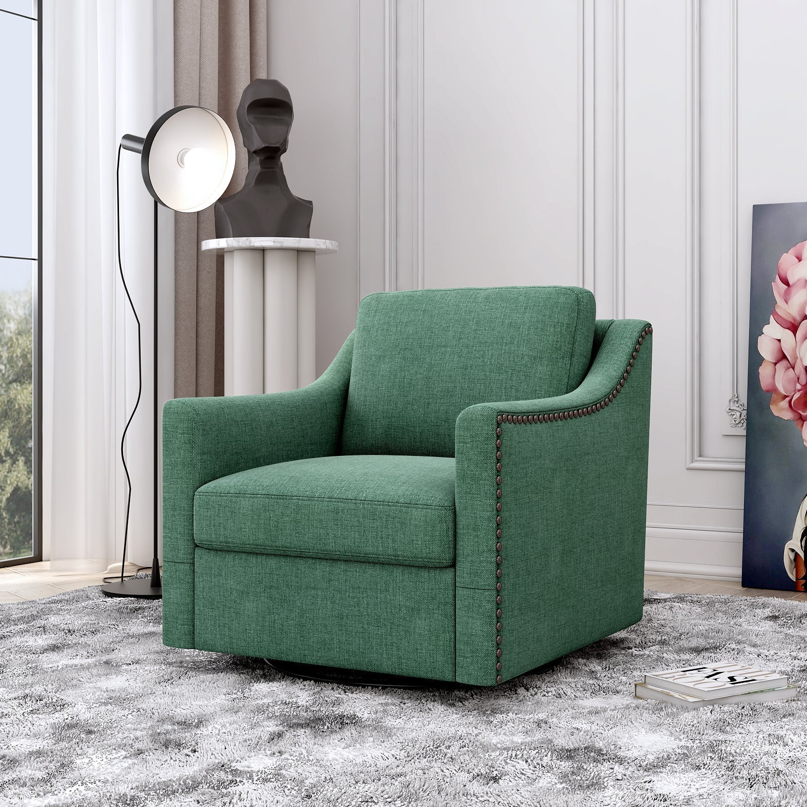 360 Degree Swivel Armchair in emerald green cotton-linen fabric with brass nailhead detailing on Tampa Home & Garden Store
