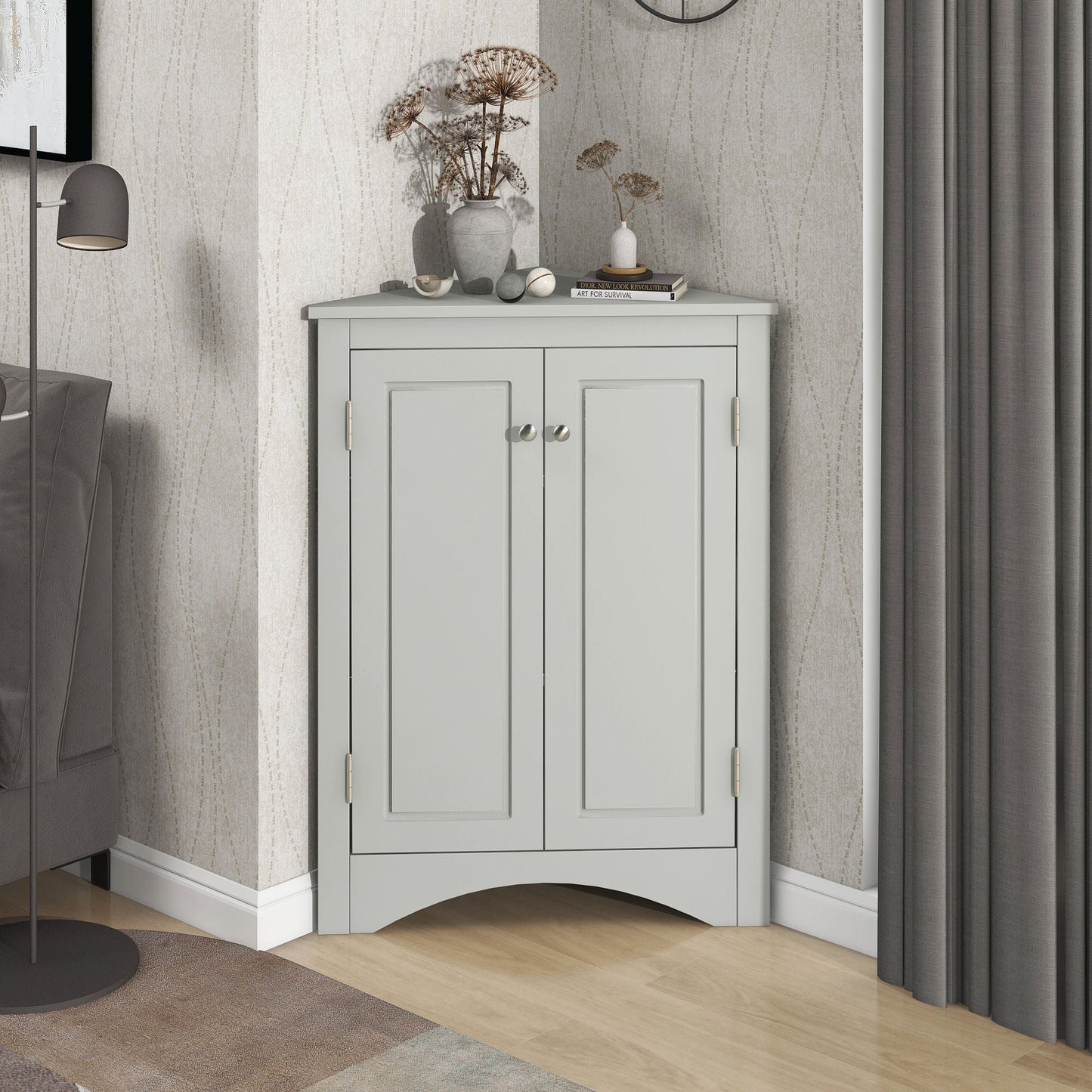 HouseOfZazla linen cabinet freestanding storage with light gray finish and dual panel doors on Tampa Home & Garden Store