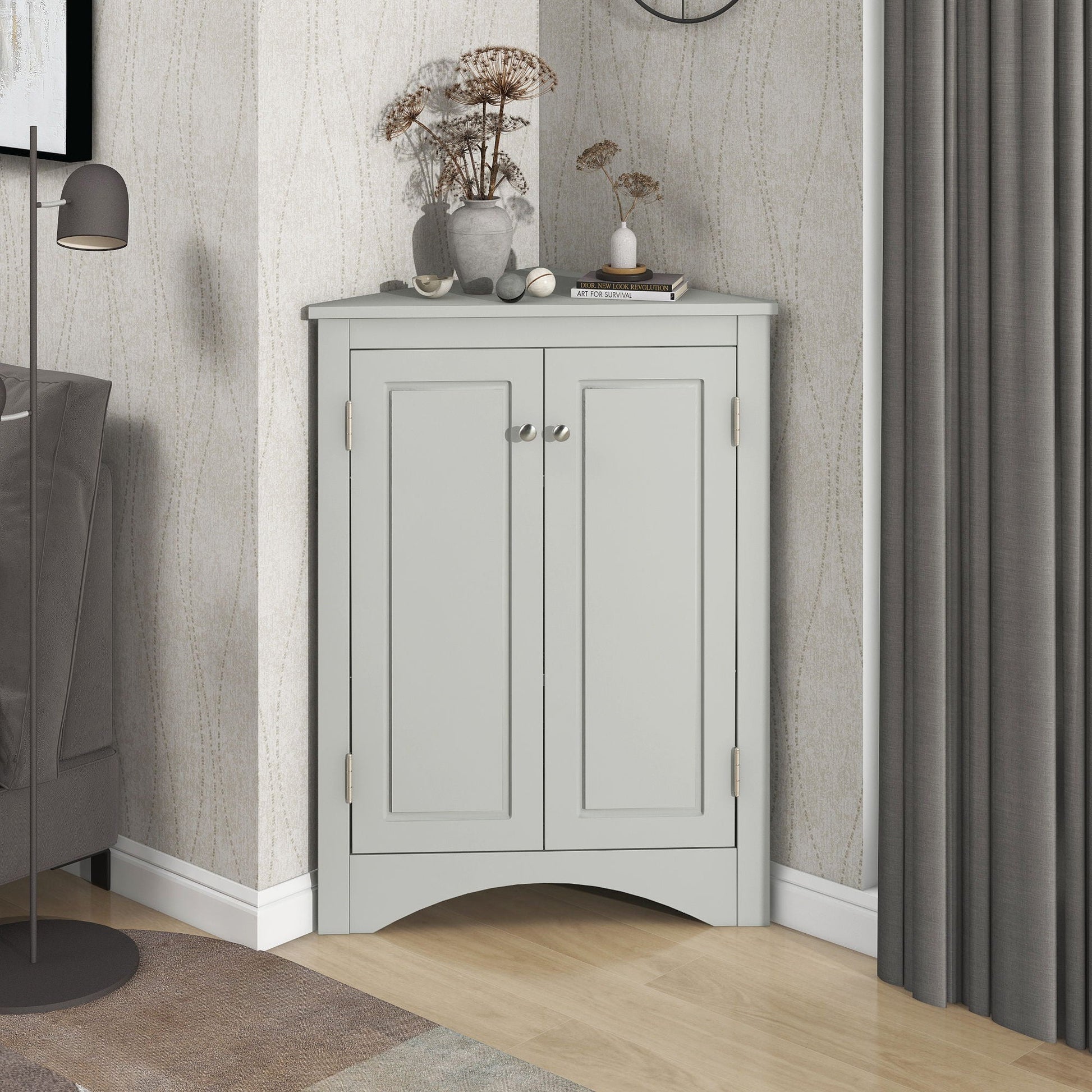 HouseOfZazla linen cabinet freestanding storage with light gray finish and dual panel doors on Tampa Home & Garden Store