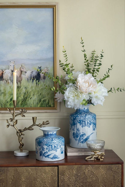 Decorative objects: blue and white porcelain vase with peonies on a wooden console on Tampa Home & Garden Store