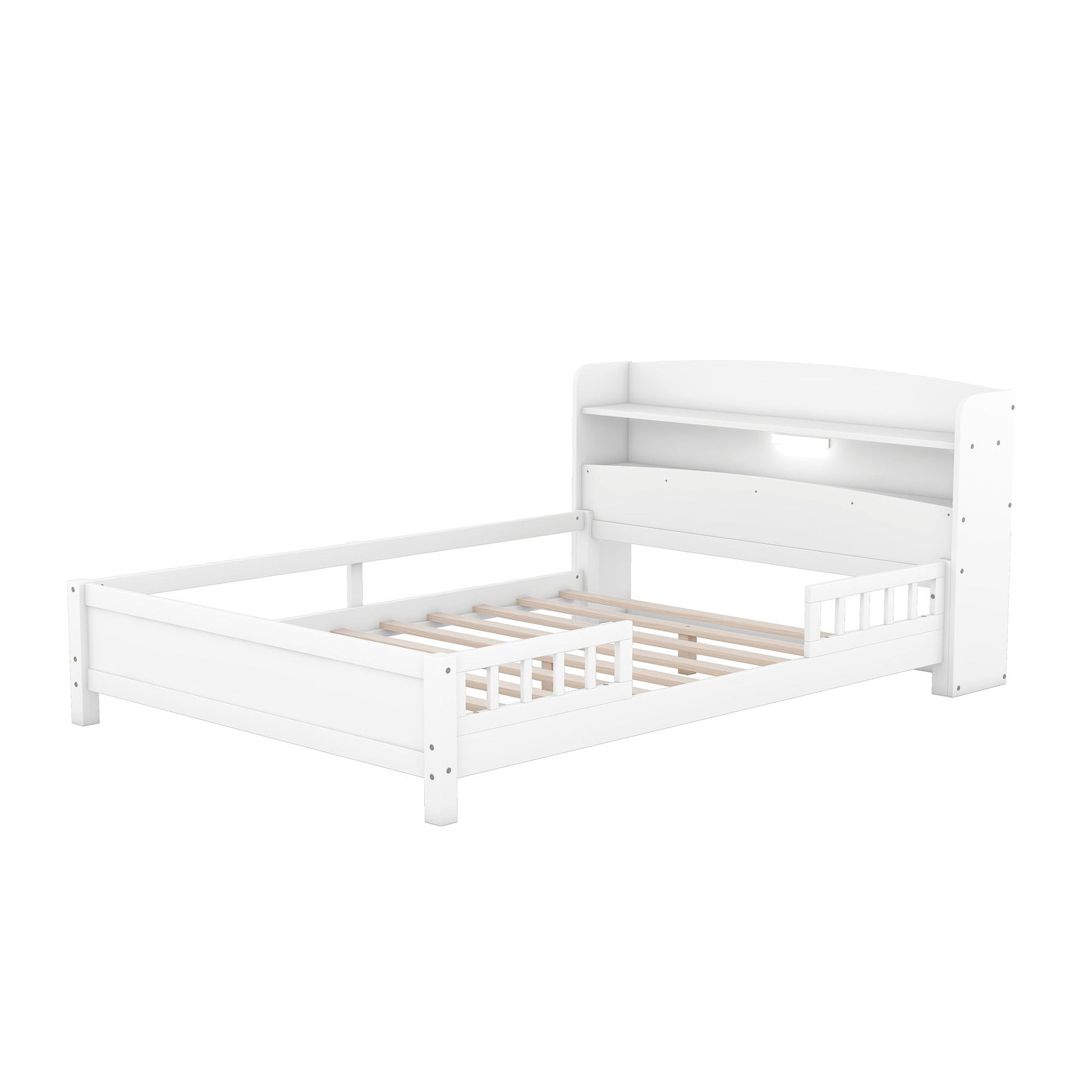 White wood platform bed with built-in LED light, storage headboard and guardrail on Tampa Home & Garden Store