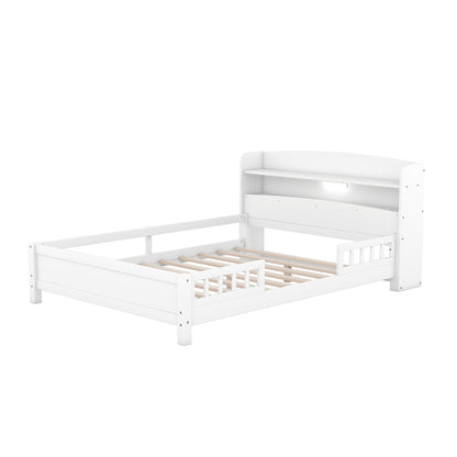 White wood platform bed with built-in LED light, storage headboard and guardrail on Tampa Home & Garden Store