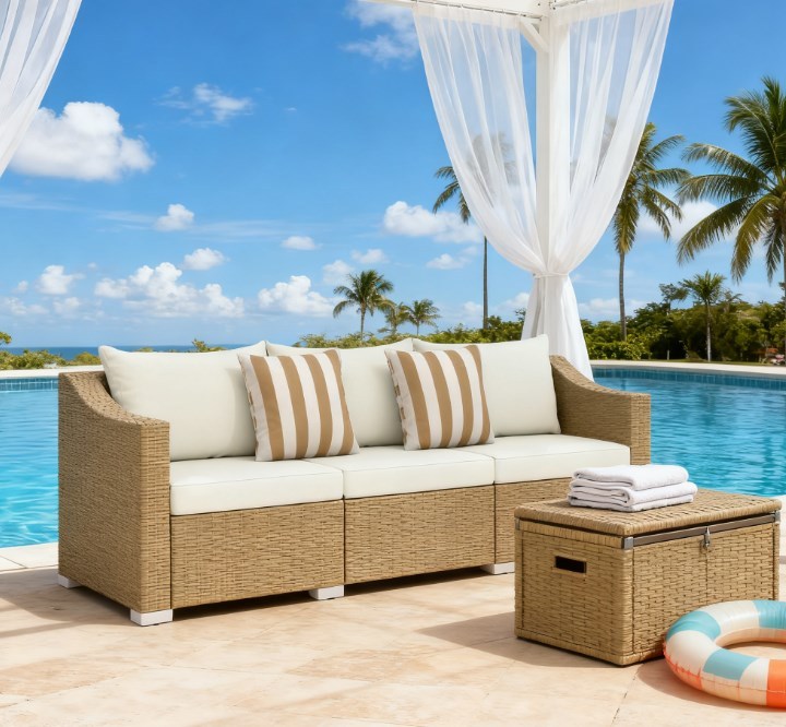 Outdoor rattan sofa set by HouseOfZazla with cream cushions and striped tan pillows on Tampa Home & Garden Store