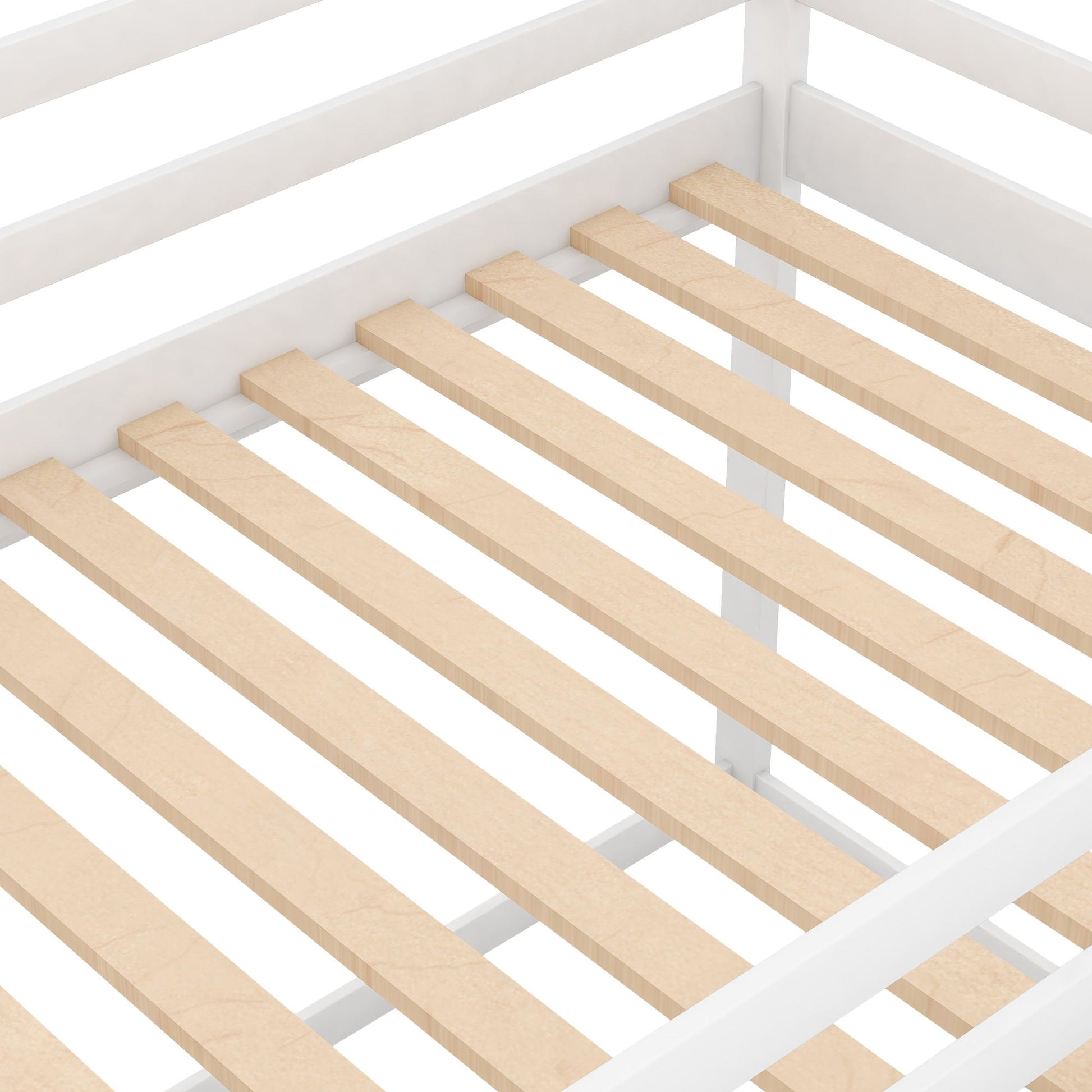 Low bunk bed with house-frame and ladder, white finish, wood slats on Tampa Home & Garden Store