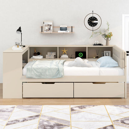 Beige upholstered storage bed with shelves, drawers and charging station by HouseOfZazla on Tampa Home & Garden Store