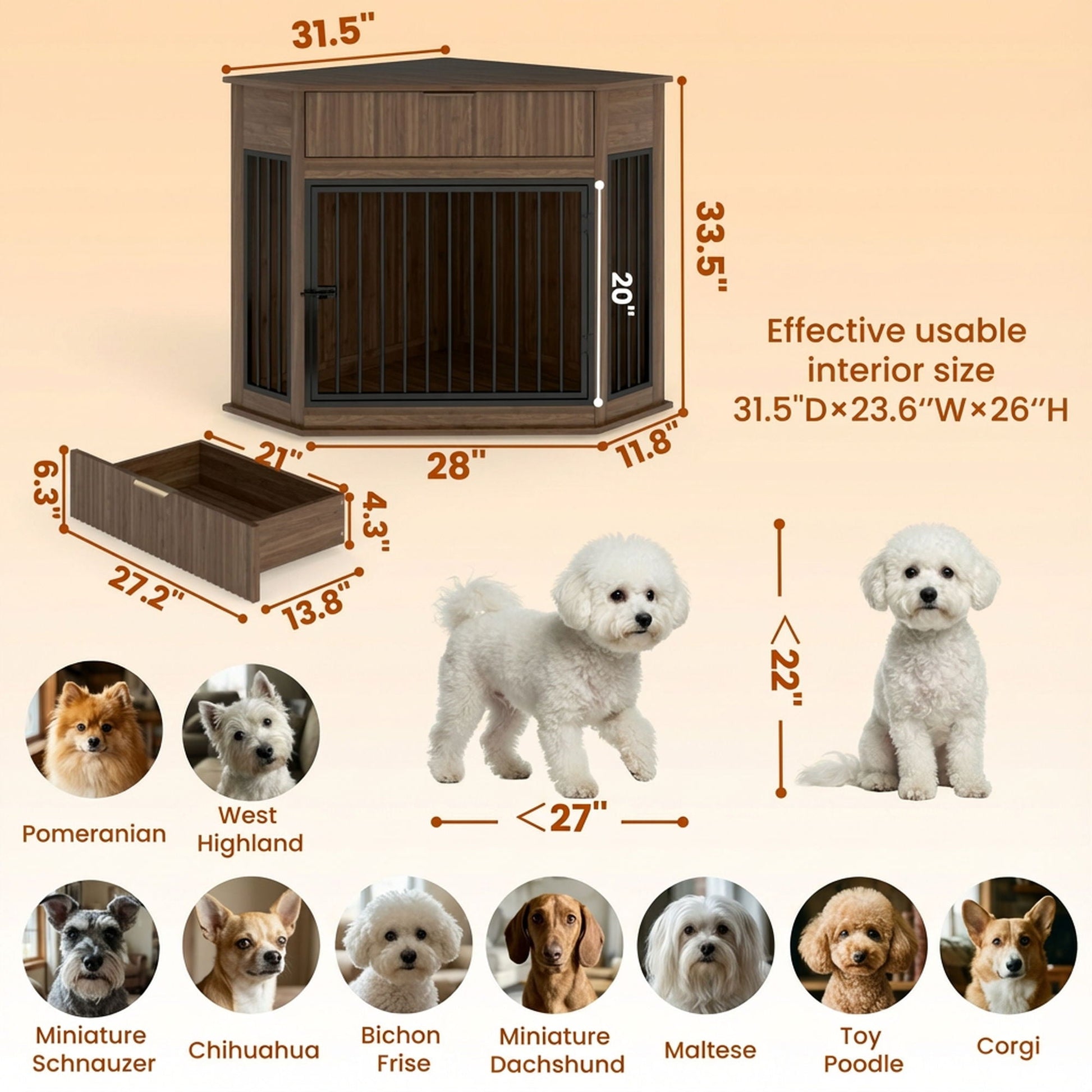 Corner Dog Crate by HouseOfZazla, wooden cabinet with black metal bars, corner cage design on Tampa Home & Garden Store