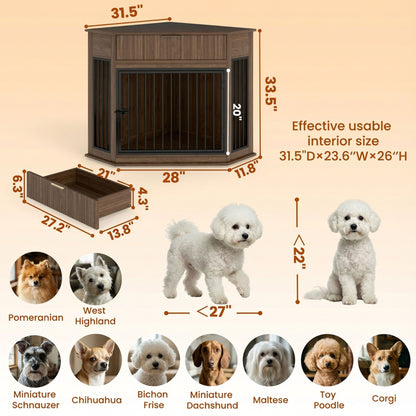 Corner Dog Crate by HouseOfZazla, wooden cabinet with black metal bars, corner cage design on Tampa Home & Garden Store