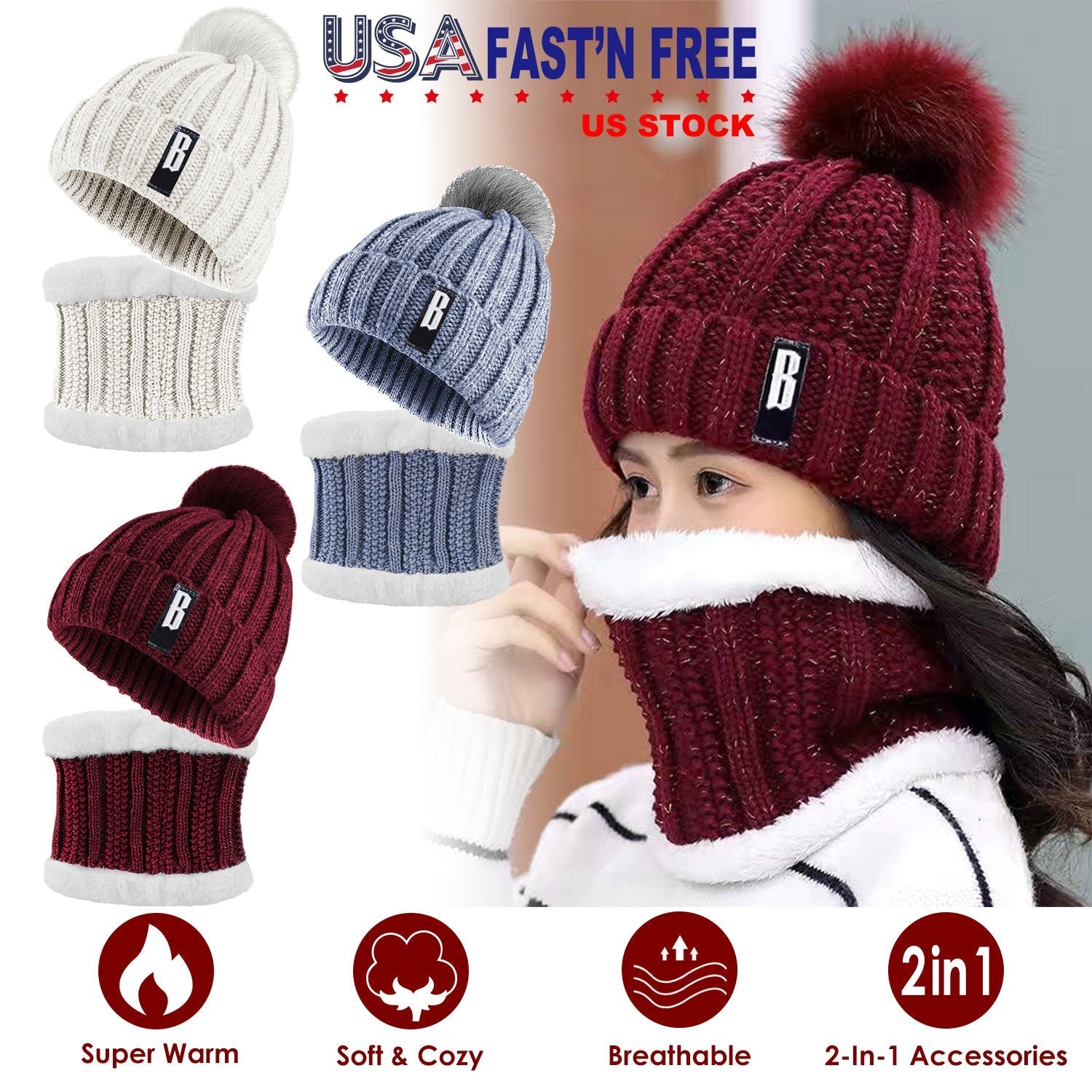 Winter beanie hat scarf set GemGear; knit pom-pom beanies in white blue burgundy navy on Tampa Home & Garden Store