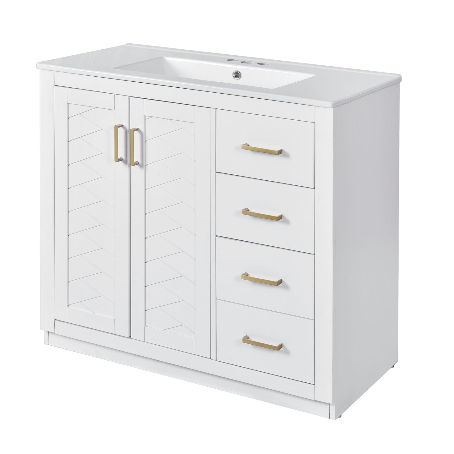 White bathroom vanity with sink; left diagonal doors, right three drawers with brass handles on Tampa Home & Garden Store