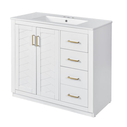 White bathroom vanity with sink; left diagonal doors, right three drawers with brass handles on Tampa Home & Garden Store