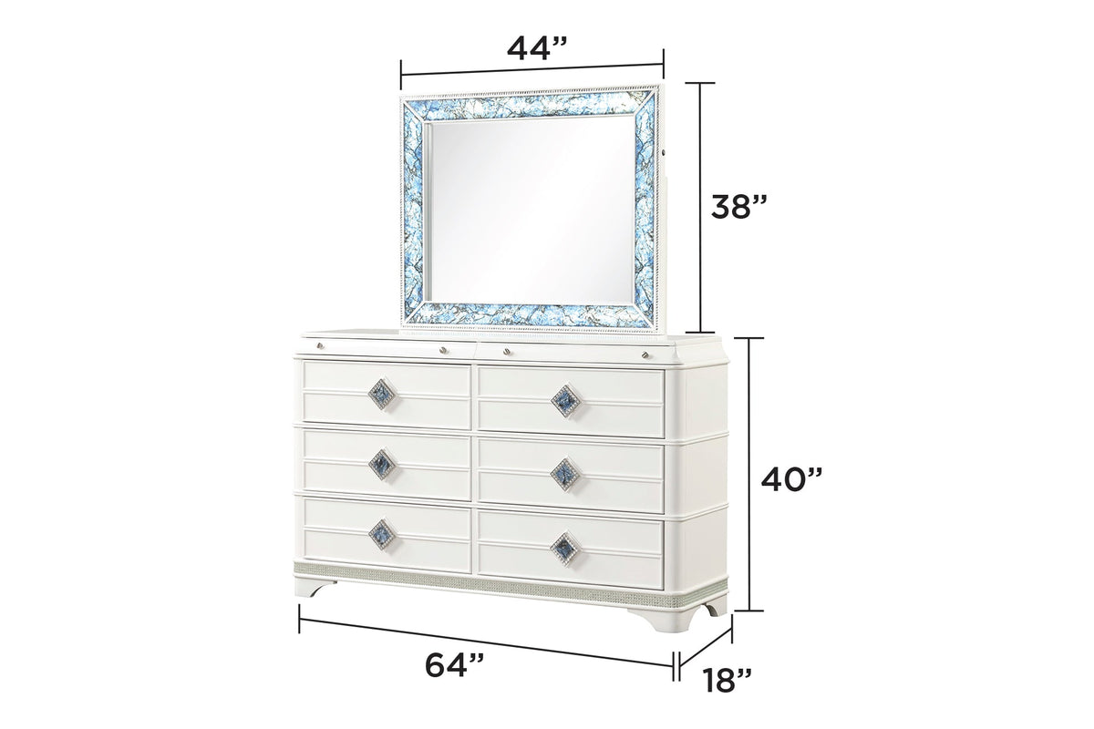 Laguna 4pc queen upholstered bedroom set white dresser with blue mosaic mirror HouseOfZazla on Tampa Home & Garden Store