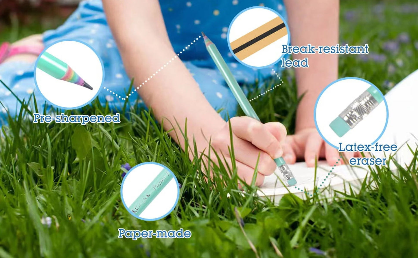 ECOTREE 24-Pack Rainbow Woodless Pencils – Eco-Friendly #2 HB Pre-Sharpened School & Office Pencils Made from Recycled Paper, Non-Toxic & Lead-Free