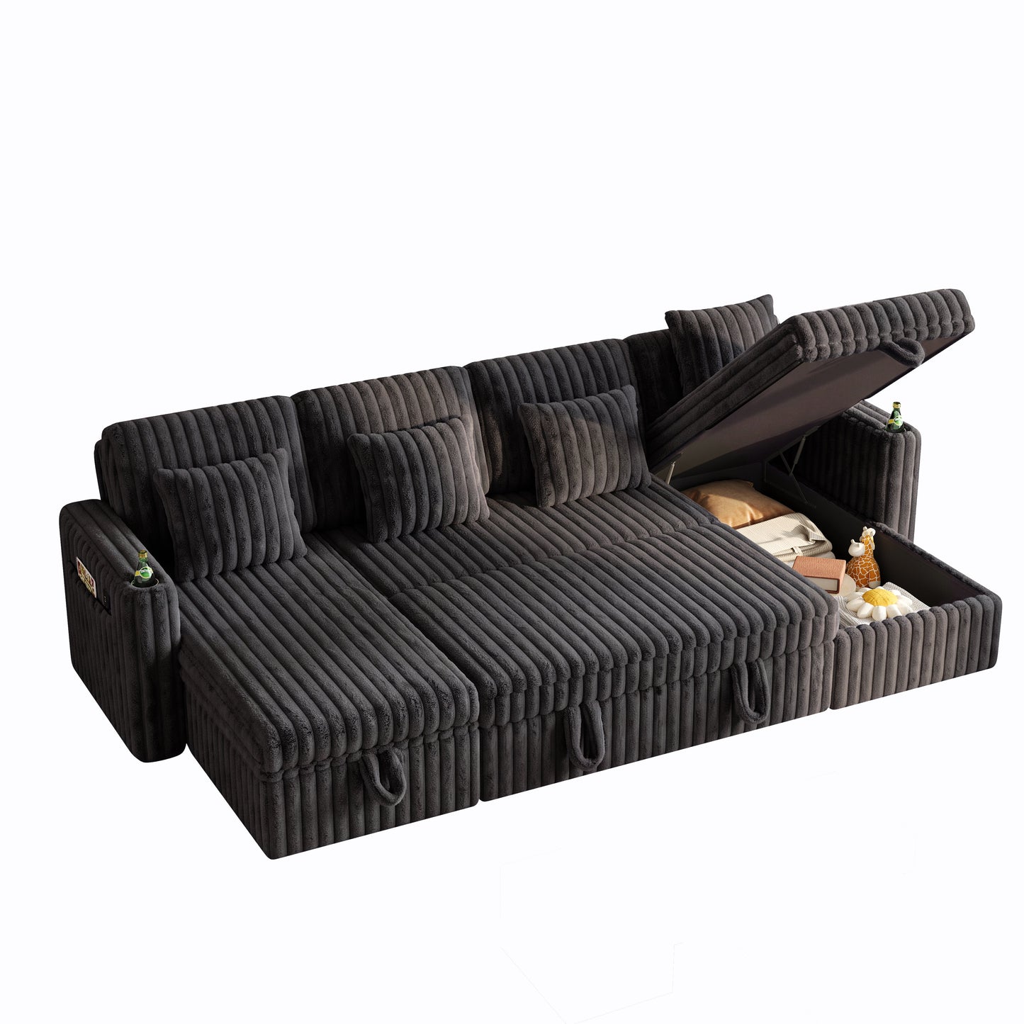 U shaped plush corduroy sleeper sectional sofa by HouseOfZazla in dark charcoal fabric with storage on Tampa Home & Garden Store