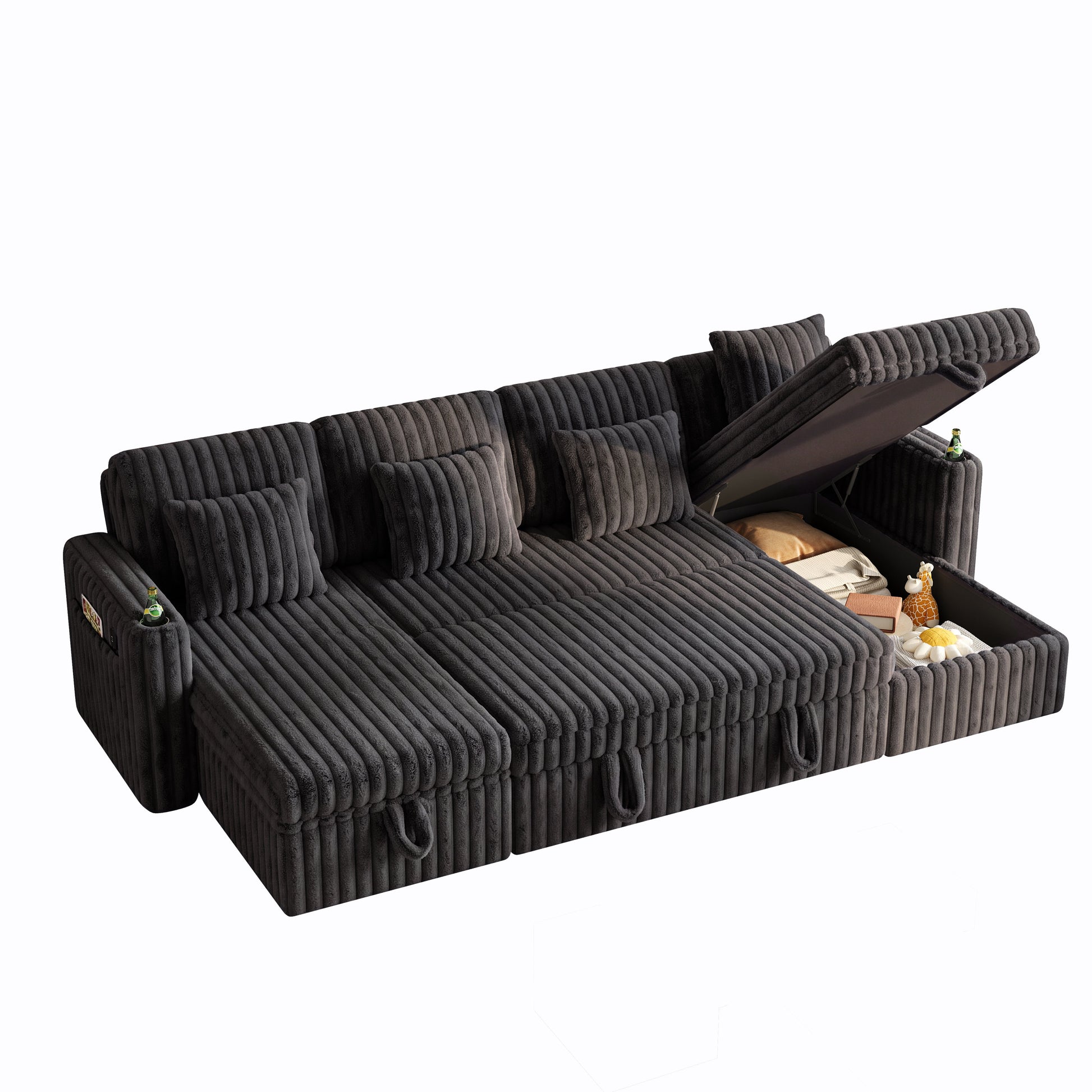 U shaped plush corduroy sleeper sectional sofa by HouseOfZazla in dark charcoal fabric with storage on Tampa Home & Garden Store