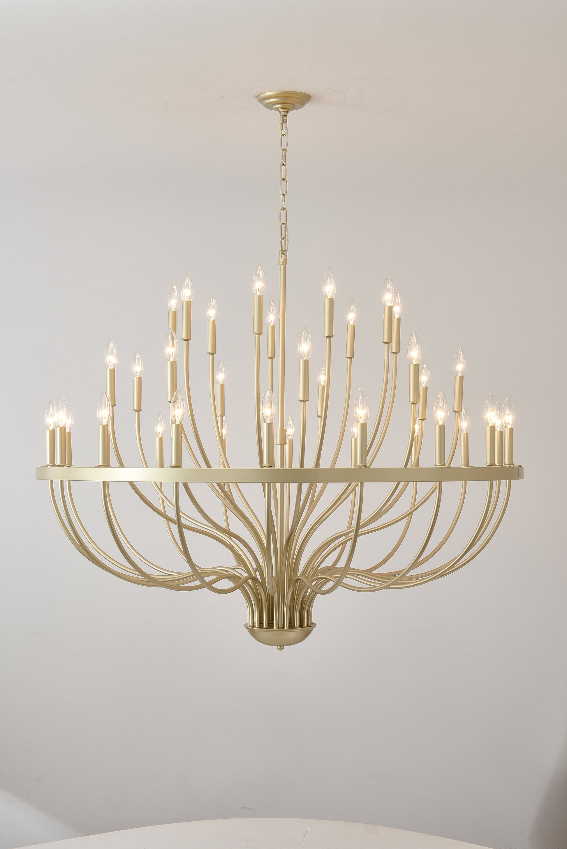 36-Light Gold Industrial Iron Candle Chandelier with curved arms and candle bulbs, chain-hung on Tampa Home & Garden Store