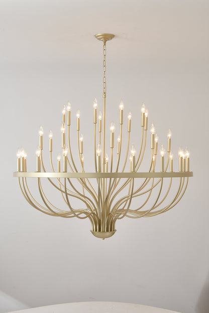 36-Light Gold Industrial Iron Candle Chandelier with curved arms and candle bulbs, chain-hung on Tampa Home & Garden Store