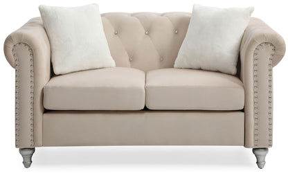 Beige loveseat with jeweled tufting and silver nailhead trim, two white pillows on Tampa Home & Garden Store