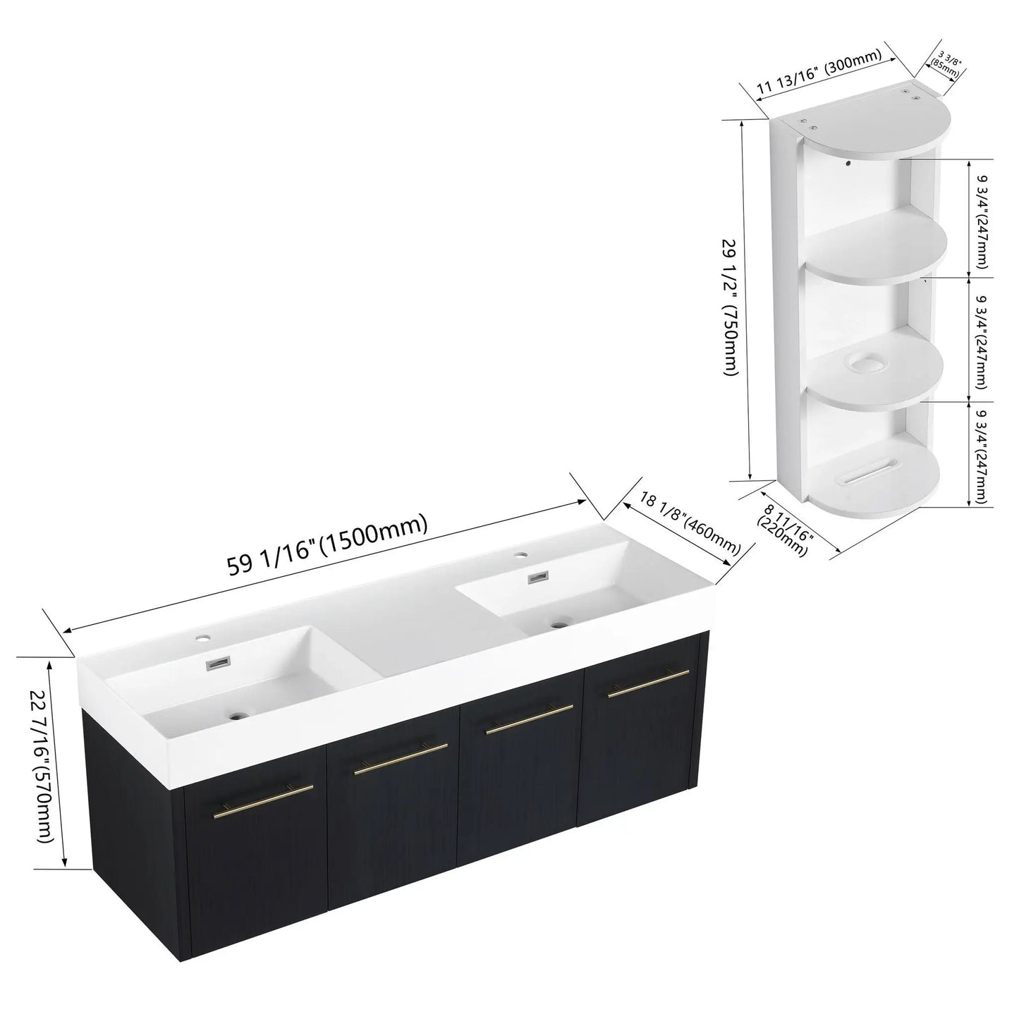 Modern Wall Mounted Vanity Resin Sink and Rack
