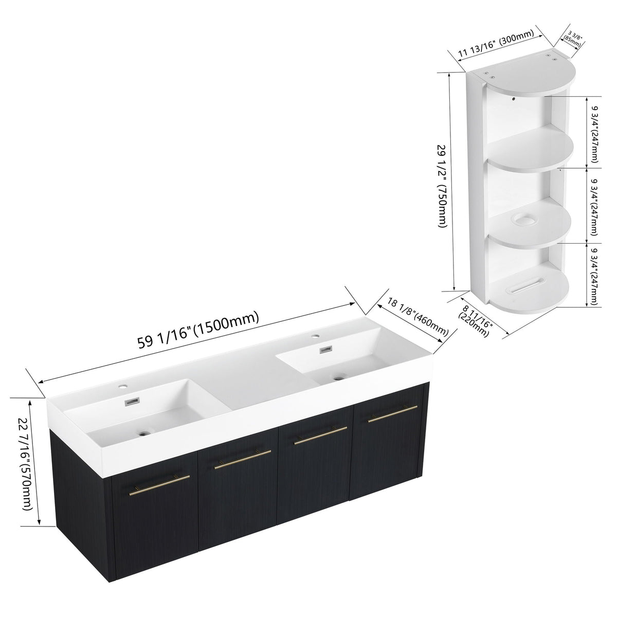 Modern wall-mounted vanity with resin sink and storage rack; white countertop, 2 sinks, dark base on Tampa Home & Garden Store