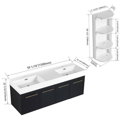 Modern wall-mounted vanity with resin sink and storage rack; white countertop, 2 sinks, dark base on Tampa Home & Garden Store