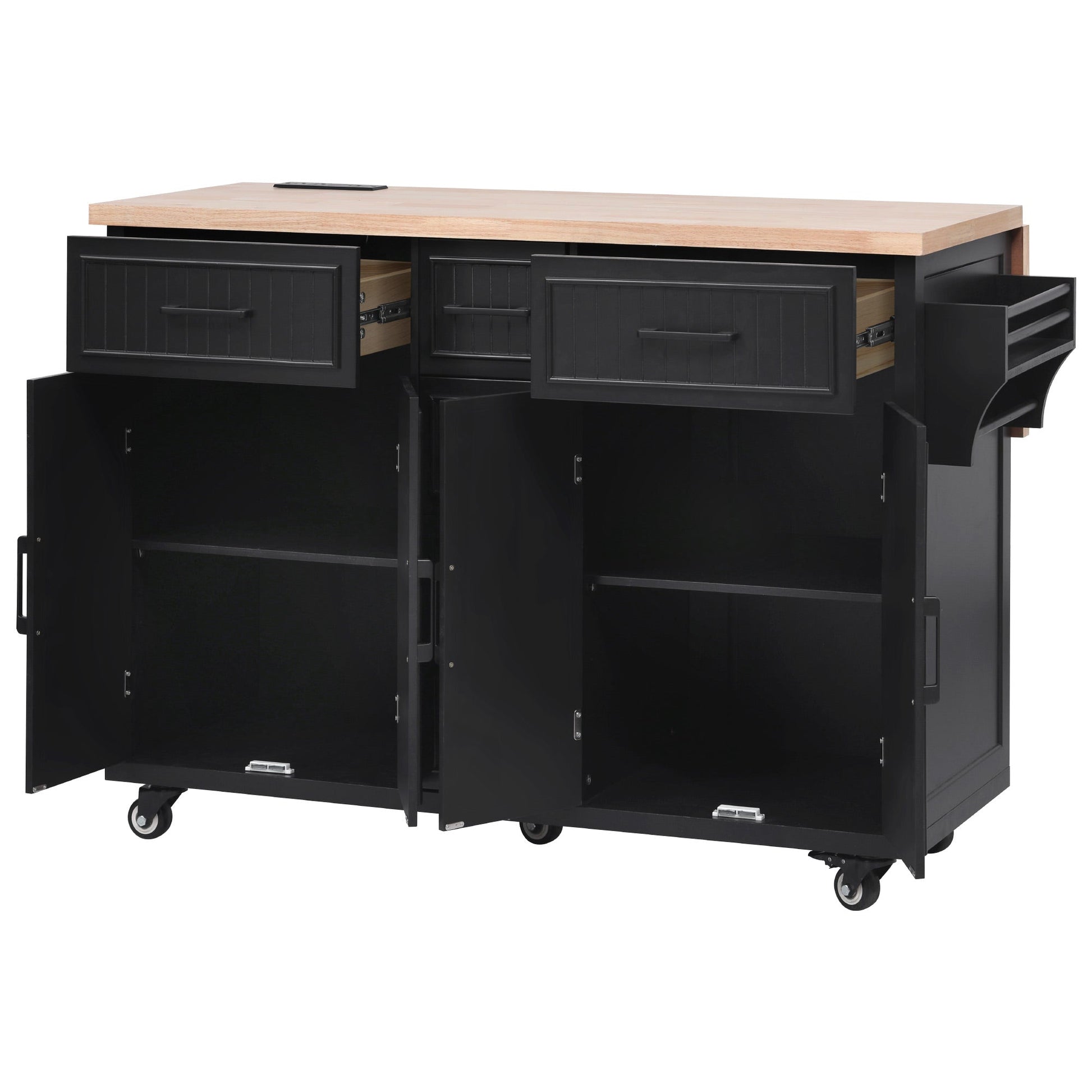 K&K 56.5in kitchen island with drop leaf, power outlet, beadboard drawers, natural wood top on Tampa Home & Garden Store