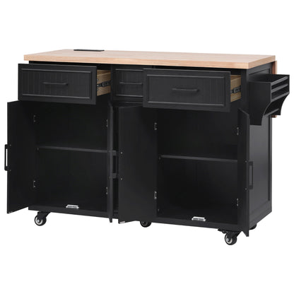 K&K 56.5in kitchen island with drop leaf, power outlet, beadboard drawers, natural wood top on Tampa Home & Garden Store