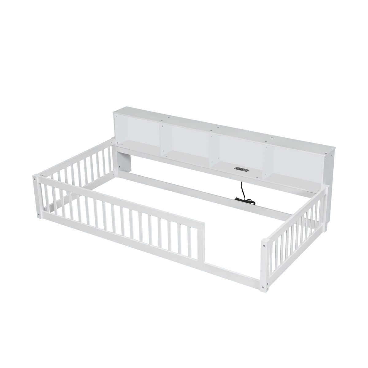 Floor bed with storage cabinets and USB ports in white, built-in headboard cubbies, HouseOfZazla on Tampa Home & Garden Store
