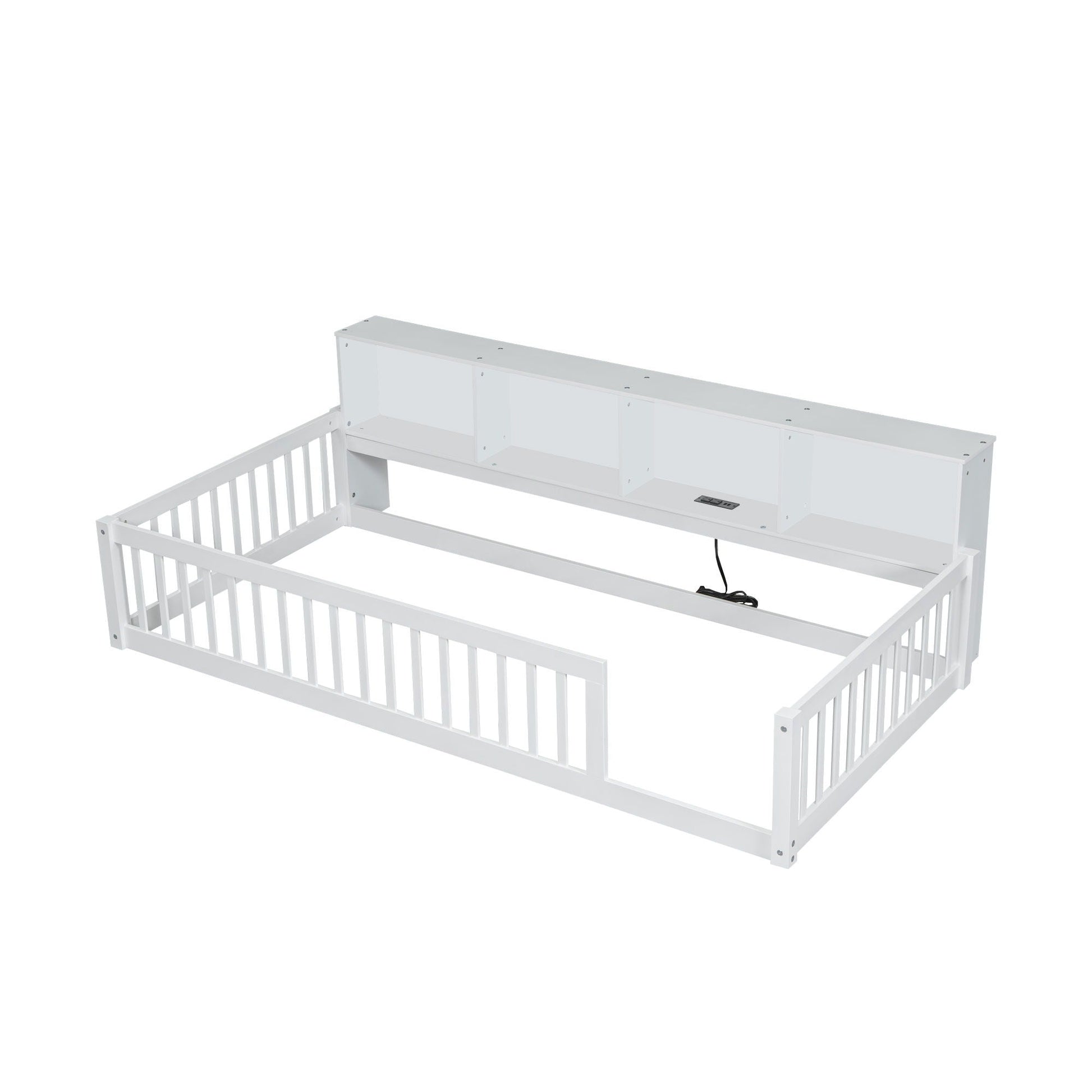 Floor bed with storage cabinets and USB ports in white, built-in headboard cubbies, HouseOfZazla on Tampa Home & Garden Store