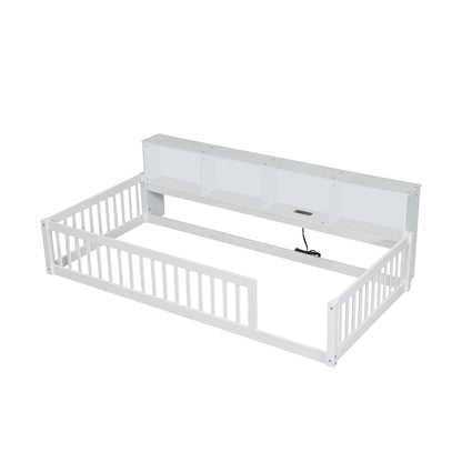 Floor bed with storage cabinets and USB ports in white, built-in headboard cubbies, HouseOfZazla on Tampa Home & Garden Store