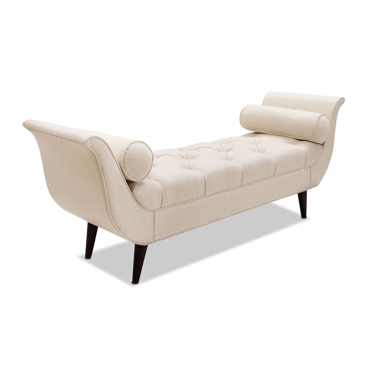 Tufted flared-arm entryway bench in cream upholstery with curved arms and tufted seat on Tampa Home & Garden Store