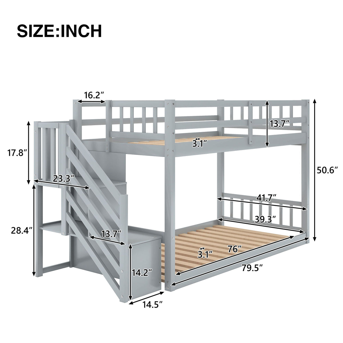 Twin over twin floor bunk bed with storage ladder in gray by HouseOfZazla on Tampa Home & Garden Store