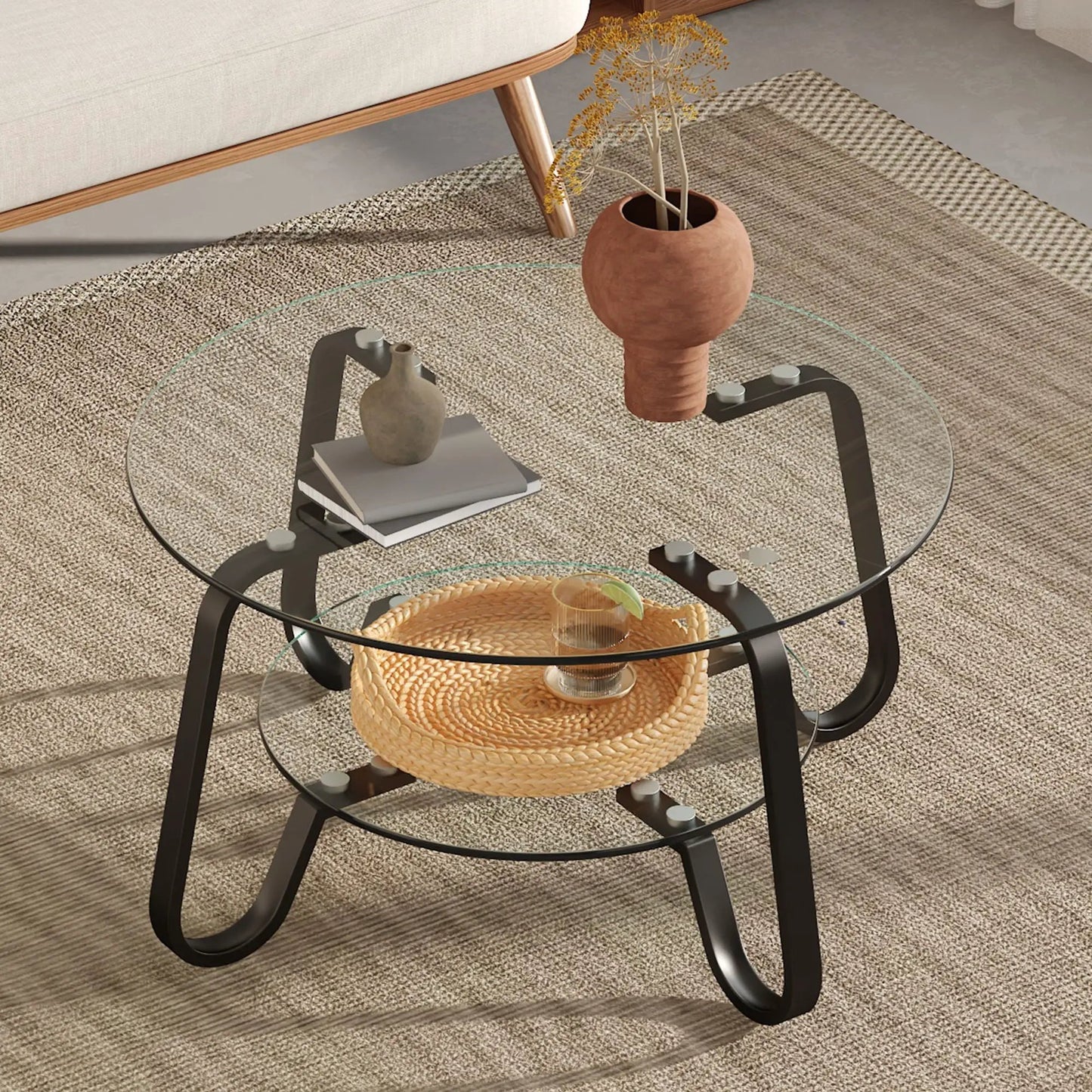 Double Layer Coffee Table with round glass top, lower glass shelf, black metal legs on Tampa Home & Garden Store