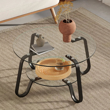 Double Layer Coffee Table with round glass top, lower glass shelf, black metal legs on Tampa Home & Garden Store